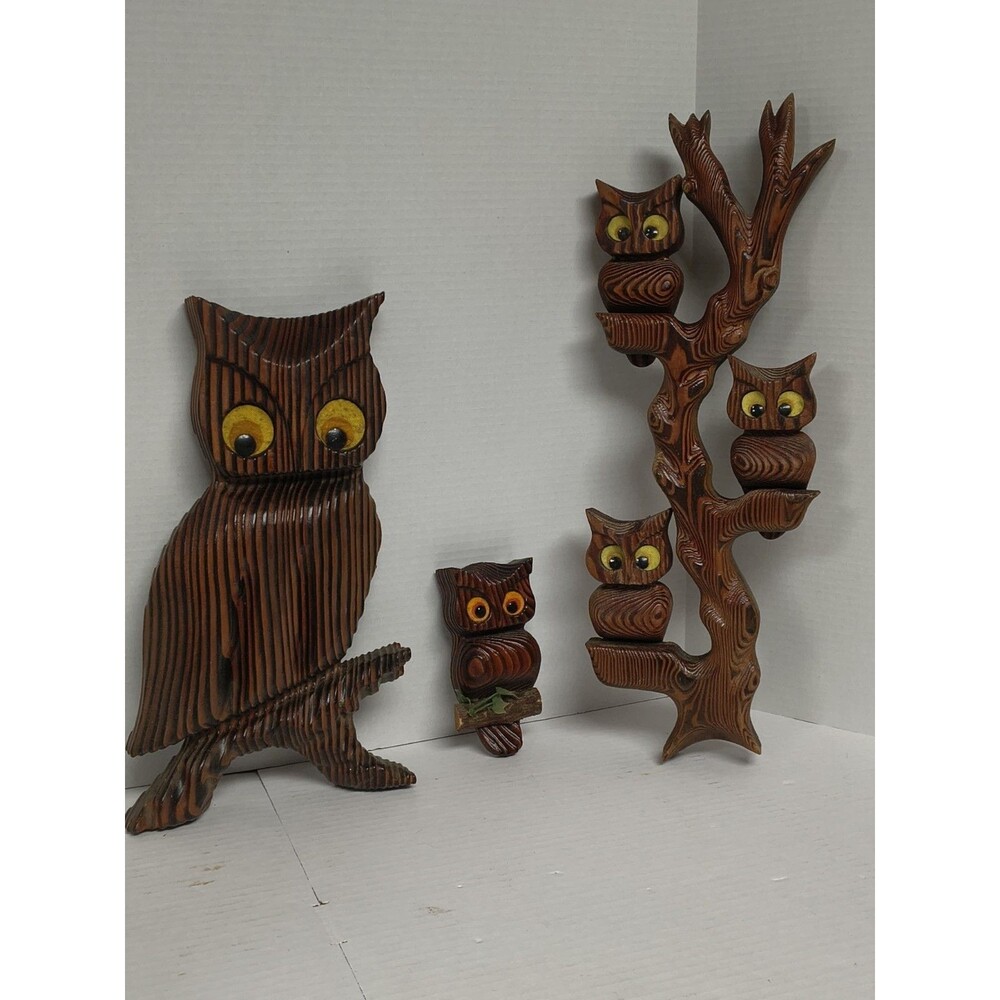 Lot Of 3 1970s Wall Hanging Carved Wooden Owels Vintage Retro Decorations